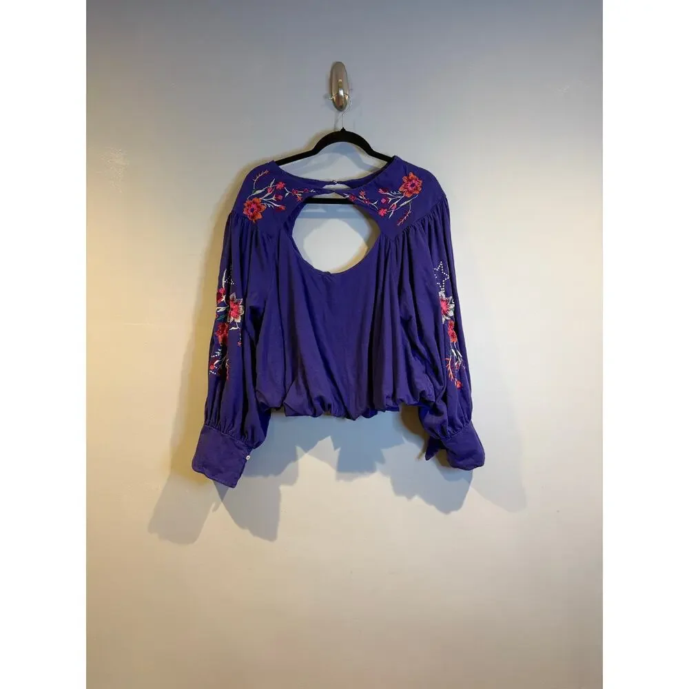 Free People Embroidered Cutout Front Peasant Top